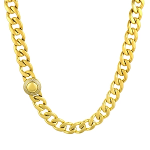 Polished gold Cuban link necklace with a sparkling CNC diamond circular buckle closure