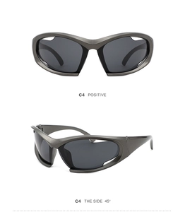 Front and side 45-degree macro views of Y2K steampunk matte grey sports sunglasses