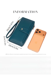 Size information for the dark green RFID PU leather wallet next to a gold smartphone