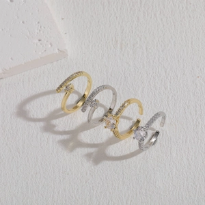 Set of four minimalist geometric zircon open rings in gold and silver plating