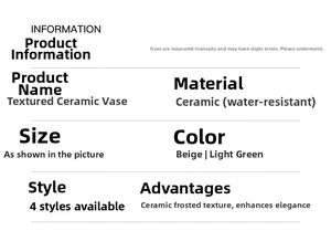 Detailed specs of ceramic textured cream vases showing water-safe feature and matte finish