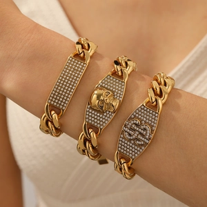 Iced Out Cuban Link Bracelet Stainless Steel Rhinestone Hip Hop Punk Square Skull Dollar Sign Jewelry For Men Women