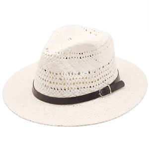 White hand-woven straw Fedora sun hat with a black leather band and silver buckle
