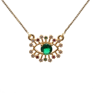 Golden evil eye necklace with green central zircon and colorful gemstone eyelashes