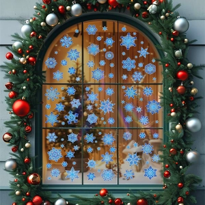 Blue snowflake window stickers on green arch window with festive Christmas wreath decor
