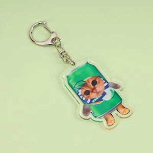 Cartoon cat soda can acrylic keychain with green apple flavor design and D-ring