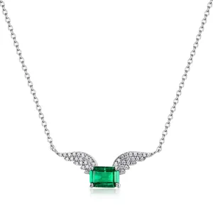 Vintage 925 Sterling Silver Lab-Grown Emerald Angel Wings Pendant Necklace For Women Luxury Zirconia Inlaid Jewelry