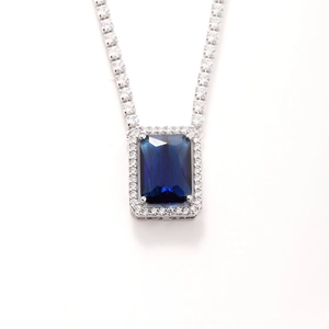 Luxurious silver necklace with rectangle deep blue zircon pendant and sparkling tennis chain