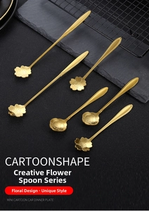 Detailed view of long-handle gold stainless steel spoons in various floral shapes