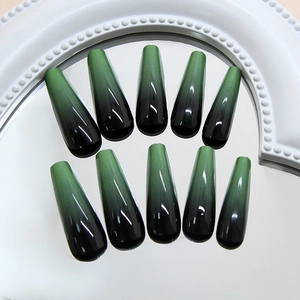 Unghie finte lunghe a bara sfumate verde scuro vintage set lucido da 24 pezzi