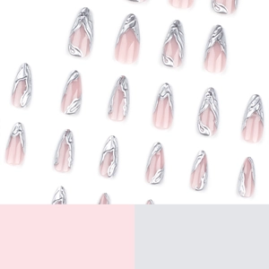 French style 3D silver chrome liquid metal almond short press-on nails set with pink base