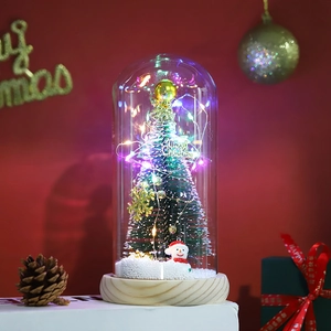 Detailed view of glowing LED Christmas tree and snowman inside a glass dome ornament
