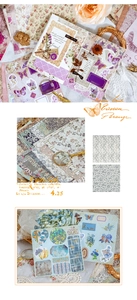Dettaglio di adesivi vintage con farfalle e fiori per diari fai-da-te con pizzo
