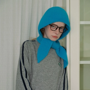Balaclava Knitted Hat Hooded Scarf Ear Protection Winter Warm Wool Blend Retro Soft Wrap Beanie With Ties For Women