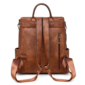 Back view of brown faux leather backpack with adjustable straps and zipper pocket