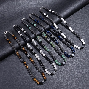 8mm natural tiger eye and lava stone yoga necklaces set with black magnetic stone beads