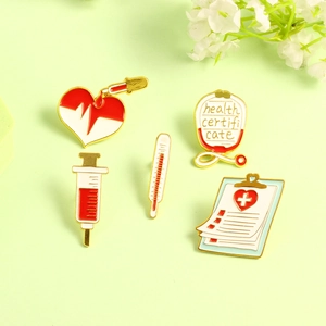 Five-piece medical enamel pins set with stethoscope, syringe and health record charms