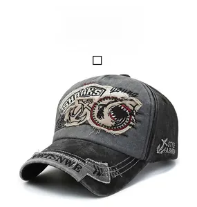 Detail of vintage washed grey baseball cap with SHARKS embroidery and distressed texture