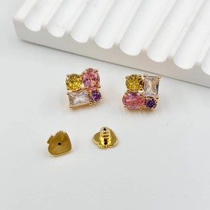 Luxury multi-color cubic zirconia stud earrings with gold finish and spade-shaped backs