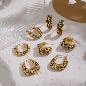 Leopard Print Hoop Earrings 304 Stainless Steel Gold Plated Enamel Geometric C-Shaped Waterproof Jewelry For Women