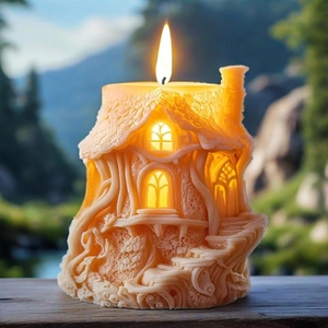 Unique treehouse scented candle with warm light glowing through miniature windows