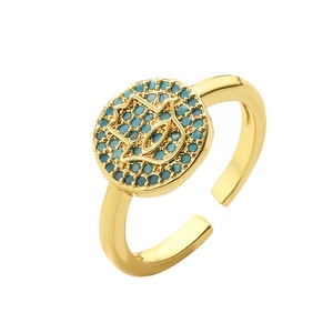 Exaggerated Hamsa Hand open ring in 18K gold plated copper with blue zircon inlay