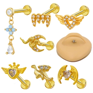 Labret Lip Piercing Stud Copper Zircon Wings Heart Dinosaur Snake Moon Cartilage Earring Flat Back Jewelry For Women Men