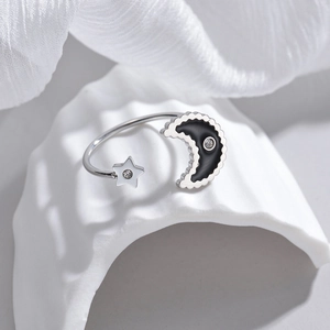 Minimalist adjustable silver moon and star open ring with black enamel and zircon inlay