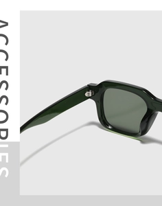 Close-up of durable metal hinge and dark green acetate frame on Y2K square sunglasses