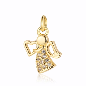 Detail of gold angel pendant with heart cutout and zircon stones for jewelry making