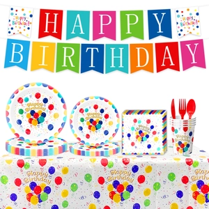 Birthday Party Supplies Colorful Balloon Theme Paper Plates Cups Napkins Tablecloth Banner Decoration For Kids Adults Festive