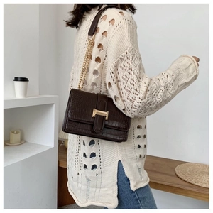 Detail view of brown crocodile texture bag with gold H clasp and chain strap