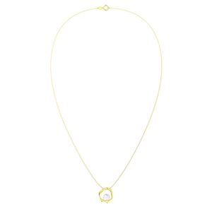Close-up of golden Mobius pendant featuring a freshwater pearl on a delicate fine chain