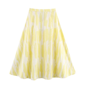High waist A-line midi skirt with yellow abstract print, casual spring summer style