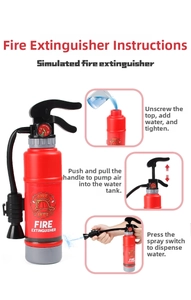 Detailed steps showing how to fill, pressurize and spray water with the fire extinguisher toy
