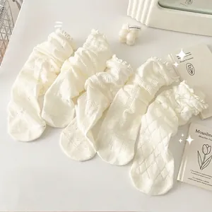 Women Cotton Crew Socks With Ruffle Trim Hollow Out Breathable Mesh Soft Solid Color Sweet JK Style Lolita