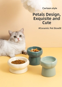 Macro shot of petal-shaped ceramic cat bowls in multiple colors for neck protection