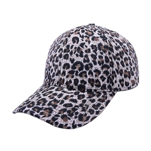 Detailed view of the leopard print pattern and fabric texture on a curved brim baseball cap