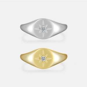 Signet Ring 925 Sterling Silver North Star Sunburst Cubic Zirconia Minimalist Polished Elegant Stackable Jewelry For Women
