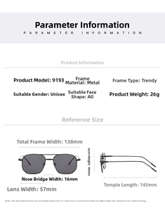 Detailed parameter chart for 9193 retro double bridge metal sunglasses showing size specs