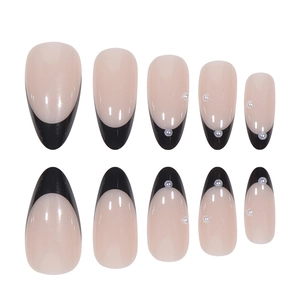 Black French almond press-on nails with pearl accents and glossy finish for women