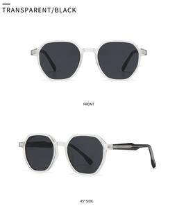 Front and 45-degree angle of round geometric sunglasses with transparent frame and black lenses