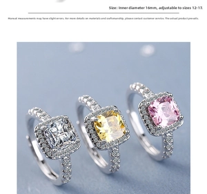 Detailed view of adjustable square zircon rings in white, yellow, and pink colors