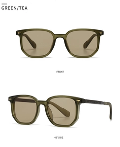 Detail view of square pilot sunglasses in tea green with golden arrow accents