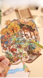 Detailed close-up of a large Chinese style scenic sticker featuring traditional market scene