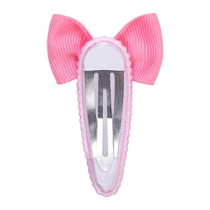 Pink grosgrain ribbon bow hair clip with silver metal BB snap clip on white background