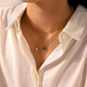 Luxury 18k gold plated stainless steel layered necklace with emerald zircon pendants