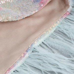 Detailed view of iridescent sequins and light blue feathers on a mesh party dress