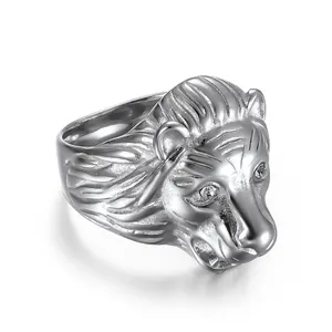 Men Lion Head Ring Stainless Steel With Rhinestone Eyes Hip Hop Punk Rock Style Jewelry Polished Statement Band Accessory