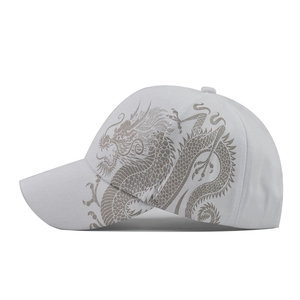 Detail of high-quality cotton baseball cap with intricate grey dragon print on the side